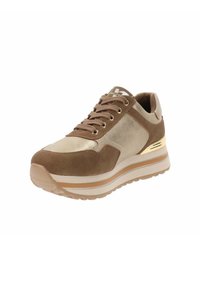 Bruine suède en metallic gouden sportshoe met veters, gewatteerde kraag en dikke rubberen zool met een beige en gouden accentstreep.