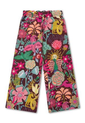 Kleurige gestreepte broek met een donkerbruine basis en levendige bloemen- en dierenmotieven in roze, groen, oranje en gele tinten. Elastische tailleband.