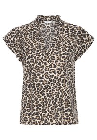 Haut à imprimé léopard avec manches courtes, décolleté en V et col froncé. Fabriqué en tissu léger dans des tons beige et marron avec des taches noires.
