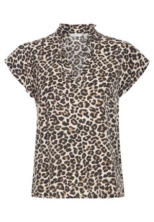 Leopardenmuster-Oberteil mit kurzen Ärmeln, V-Ausschnitt und Rüschensaum. Aus leichtem Stoff in Beige- und Brauntönen mit schwarzen Flecken gefertigt.