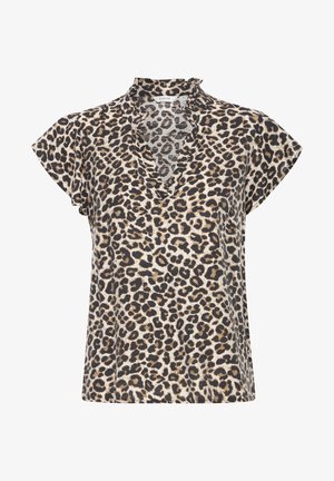 Haut à imprimé léopard avec manches courtes, décolleté en V et col froncé. Fabriqué en tissu léger dans des tons beige et marron avec des taches noires.