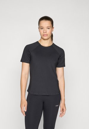 T-shirt sportivo nero con maniche corte, scollatura rotonda e tessuto liscio. Presenta maniche raglan e un sottile dettaglio di cucitura all'orlo.
