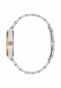 Silverfärgad metallklocka med rektangulär klocka, guldtonad bezel och länkarmband med borstad och polerad yta.