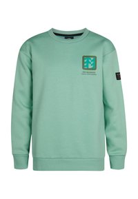 Sweatshirt menthe à col rond en tissu doux, avec un logo représentant des arbres et du texte sur le devant, et une étiquette de marque sur la manche.