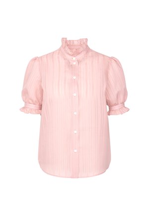 Hellrosa transparente Bluse mit vertikalen Streifen, gerafftem Stehkragen, puffigen kurzen Ärmeln, Knopfleiste vorne und gerafften Ärmelbündchen.