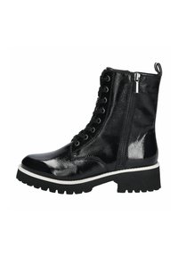 Czarne lakierowane botki za kostkę z sznurowanym przodem, bocznym zamkiem błyskawicznym i grubą czarną gumową podeszwą z białym akcentującym paskiem.