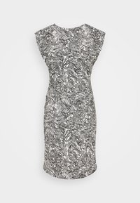 Robe sans manches en noir et blanc, avec un motif cachemire tourbillonnant. Coupe ajustée, encolure ronde et longueur au genou.