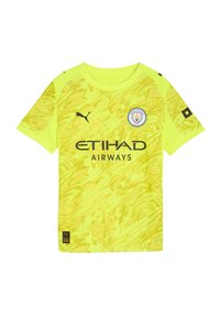 Maglietta da calcio gialla a maniche corte con motivo astratto, caratterizzata da testo e patch logo neri "ETIHAD AIRWAYS", realizzata in materiale leggero.