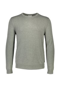 Jasnoszary sweter typu pulower, wykonany z miękkiego, teksturowanego dzianinowego materiału. Posiada okrągły dekolt oraz długie rękawy z prążkowanymi ściągaczami na mankietach i dole.