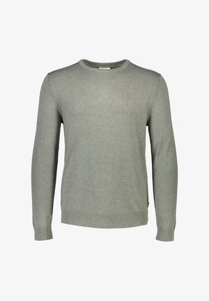 Gaiši pelēks džemperis ar garām piedurknēm, izgatavots no mīksta, teksturēta trikotāžas materiāla. Aprīkots ar apaļu kakla izgriezumu un ribotu aproču un apakšmalas apdari.