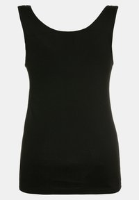 Schwarzes ärmelloses Tanktop aus weichem Baumwollmaterial, mit rundem Ausschnitt und figurbetontem Schnitt. Glatte Textur ohne sichtbare Muster.