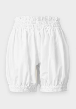 Hvite bloomers med elastisk midje og benåpning, med en løs, rynket stoffdesign som passer for uformell bruk.