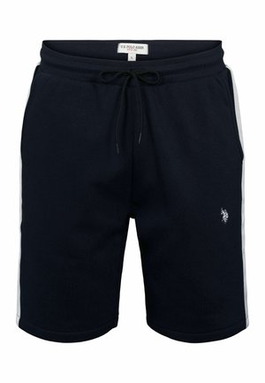 Tummansininen puuvillashortsit, joissa on naru vyötäröllä, valkoiset sivuviivat ja pieni logo vasemmassa alareunassa, pehmeä tekstuuri.