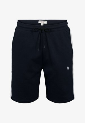 Tamsiai mėlynos medvilninės šortai su raišteliu juosmenyje, balto šono juostelėmis ir mažuoju logotipu apatinėje kairėje dalyje, su švelnia tekstūra.