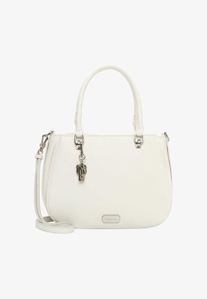 Valge kunstnahast käekott kahekordsete käepidemetega, reguleeritava õlarihma, hõbedase riistvara ja dekoratiivse luku detailiga.