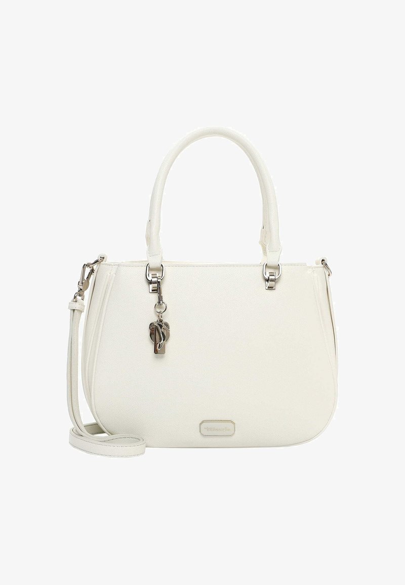 Borsa bianca in similpelle con doppi manici, tracolla regolabile, ferrature argentate e dettaglio decorativo a forma di lucchetto.