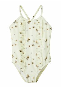 Maillot de bain jaune pâle avec un imprimé d'abeilles et de fleurs, présentant des détails volantés sur le devant et des bretelles fines et réglables. Fabriqué en matière extensible.
