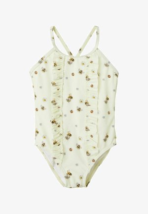 Maillot de bain jaune pâle avec un imprimé d'abeilles et de fleurs, présentant des détails volantés sur le devant et des bretelles fines et réglables. Fabriqué en matière extensible.