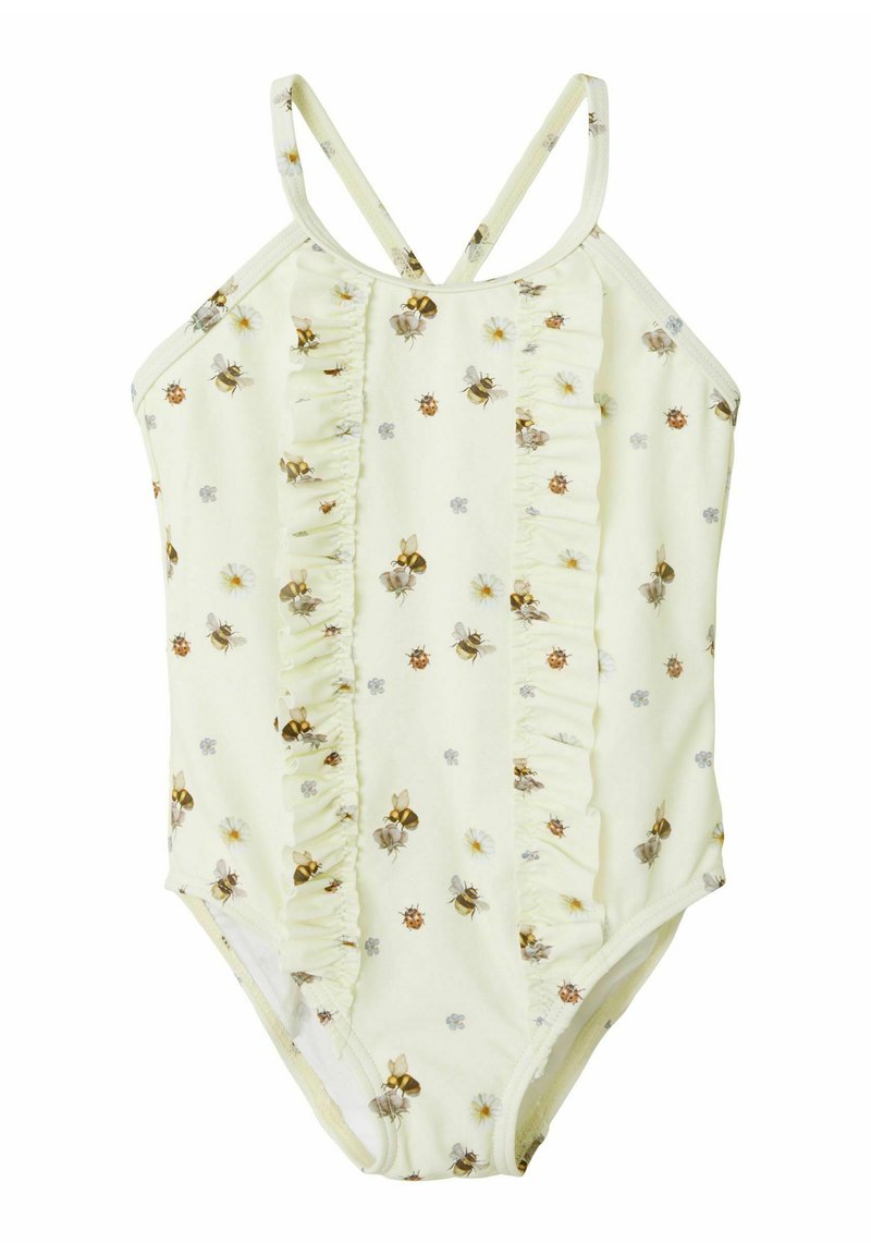 Maillot de bain jaune pâle avec un imprimé d'abeilles et de fleurs, présentant des détails volantés sur le devant et des bretelles fines et réglables. Fabriqué en matière extensible.