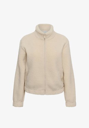 Beež värviga tõmblukuga fliisjakk kõrge krae, pikkade varrukate ja küljetaskutega, mis näitab pehmet, tekstuurset kangast.