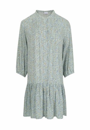 Vestito floreale azzurro con maniche a 3/4, bottoni sul davanti, vita arricciata e gonna ampia e svasata.