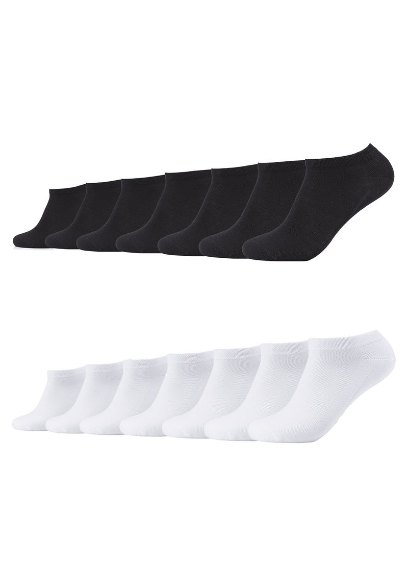 Set di calzini corti in bianco e nero; 10 paia in totale. Il materiale sembra morbido ed elastico. Neri sopra, bianchi sotto, con un semplice design a maglia.