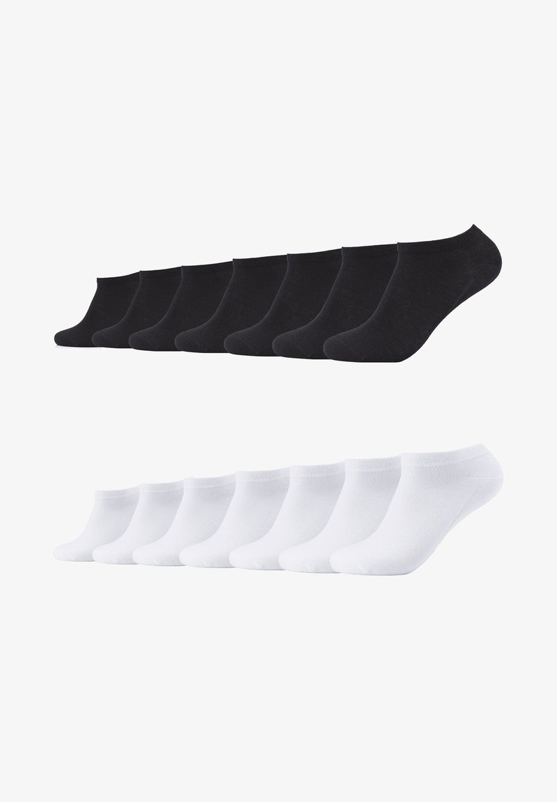 Set di calzini corti in bianco e nero; 10 paia in totale. Il materiale sembra morbido ed elastico. Neri sopra, bianchi sotto, con un semplice design a maglia.