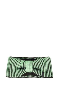 Gestricktes Stirnband mit mintgrünen und schwarzen Streifen, featuring einer geknoteten Akzent in der Mitte. Glatte Textur mit dehnbarem Sitz.