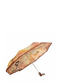 Ombrello marrone e arancione con una copertura decorata da motivi musicali e disegni. Include una struttura metallica argentata e un manico marrone.