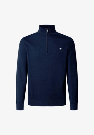 Marineblauer Pullover mit einem Reißverschluss am Stehkragen, langen Ärmeln und gerippten Bündchen sowie Saum. Kleines Emblem auf der Brust. Angenehme Textur.