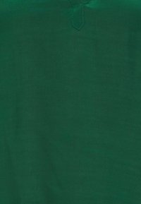 Zielony materiał o gładkiej teksturze, z delikatnym wzorem. Ma mały, zaokrąglony dekolt oraz szczegóły przeszyć na górze.