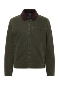 Green cotton jacket with a brown corduroy collar, front zipper, side pockets, and a horizontal pocket on the chest. Simple, classic design.