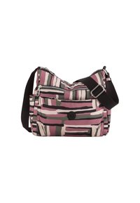 Umhängetasche mit einem Streifenmuster in Rosa, Grau und Creme. Hergestellt aus robustem Stoff, verfügt sie über ein Hauptfach mit Reißverschluss und eine Vordertasche.