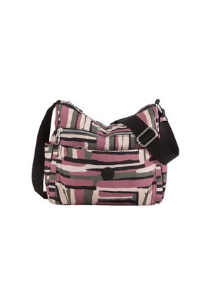 Umhängetasche mit einem Streifenmuster in Rosa, Grau und Creme. Hergestellt aus robustem Stoff, verfügt sie über ein Hauptfach mit Reißverschluss und eine Vordertasche.