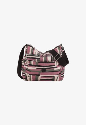 Umhängetasche mit einem Streifenmuster in Rosa, Grau und Creme. Hergestellt aus robustem Stoff, verfügt sie über ein Hauptfach mit Reißverschluss und eine Vordertasche.