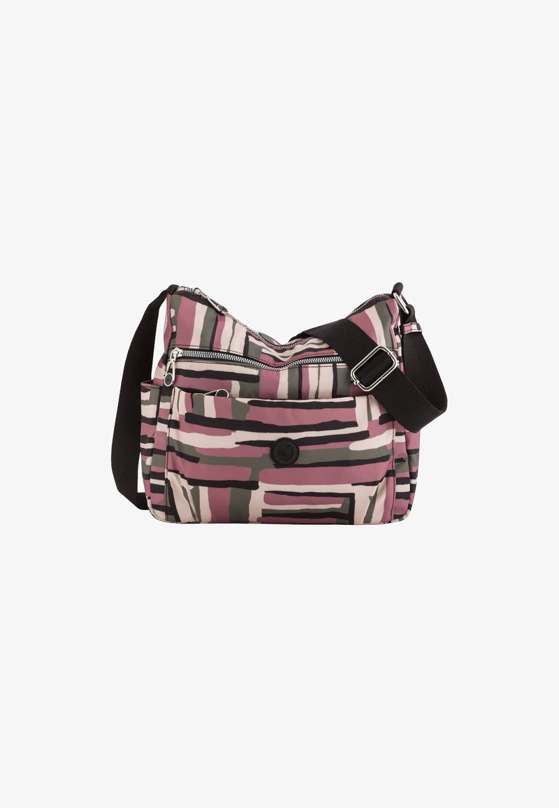 Käsitehlaukkku, jossa on vaaleanpunainen, harmaa ja kerma väri raidoitus. Valmistettu kestävästä kankaasta, sisältää vetoketjullisen pääosaston ja etutaskun.