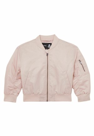 Hellrosa Bomberjacke mit geripptem Kragen, Bündchen und Saum, Frontreißverschluss, Seitentaschen und Reißverschlusstasche am linken Ärmel.