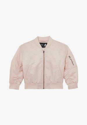 Hellrosa Bomberjacke mit geripptem Kragen, Bündchen und Saum, Frontreißverschluss, Seitentaschen und Reißverschlusstasche am linken Ärmel.