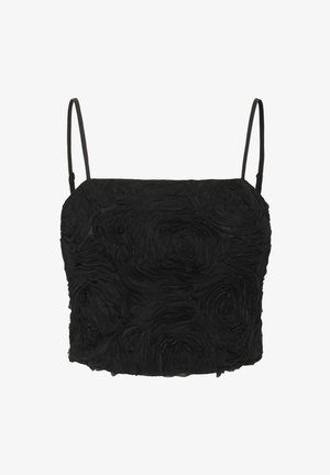 Top noir court avec des bretelles spaghetti, présentant un tissu texturé ressemblant à des pétales de rose, offrant une apparence tridimensionnelle.