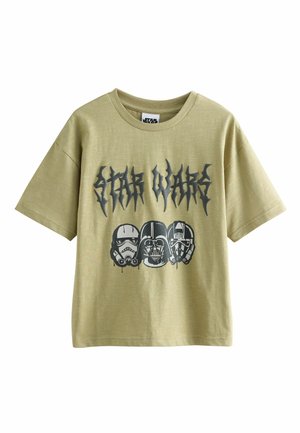 Olive green cotton t-shirt with short sleeves and a round neckline, featuring a black graphic of Star Wars characters on the front.