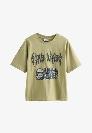 Olivgrünes Baumwoll-T-Shirt mit kurzen Ärmeln und rundem Ausschnitt, vorne mit einer schwarzen Grafik von Star Wars Figuren.