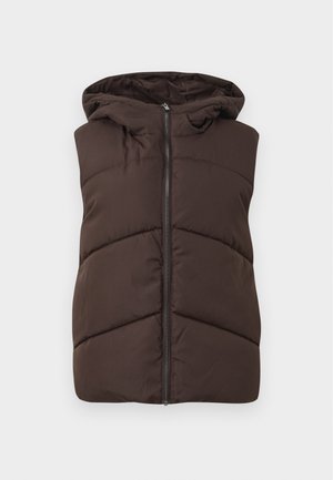 Gilet imbottito marrone con cappuccio, dotato di una cerniera frontale e di un motivo trapuntato diagonale sul tessuto. Texture liscia, senza loghi visibili.