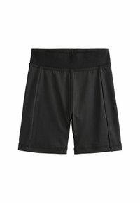 Svarta träningsshorts med en bred elastisk midjeband, tillverkade av slätt, stretchigt material, med sidoflikar för ökad rörelsefrihet.