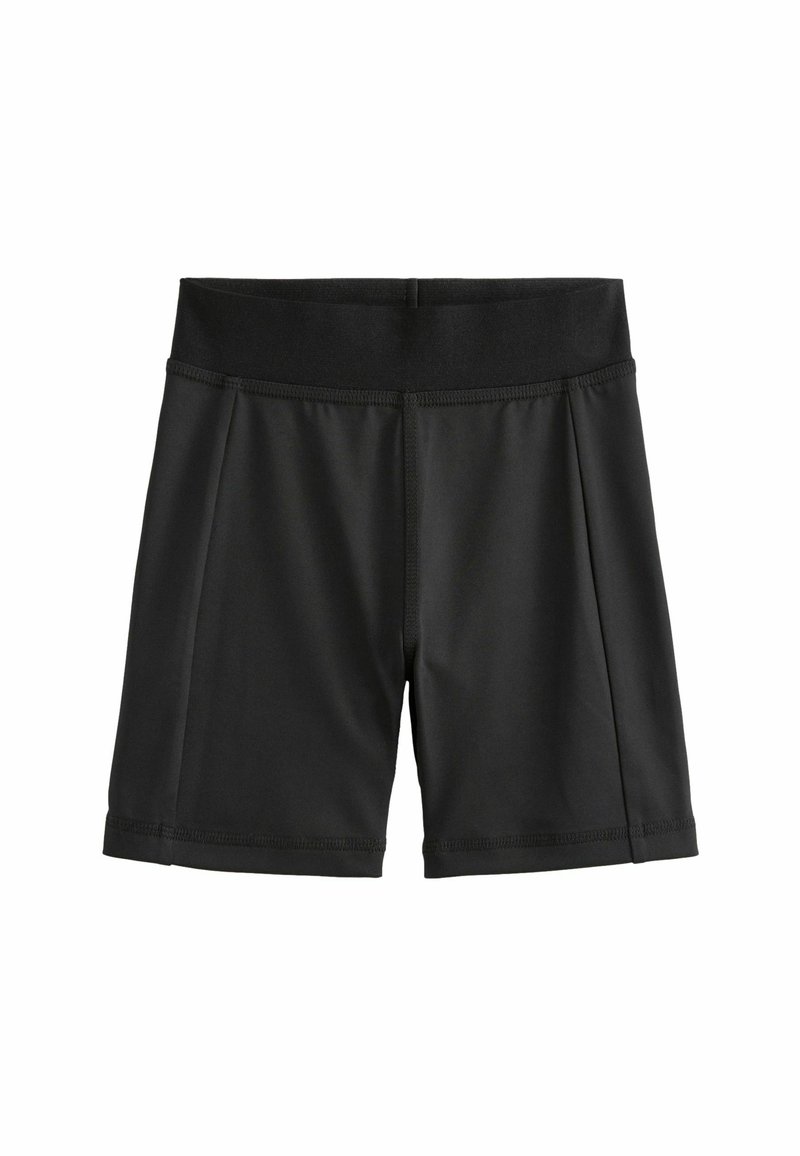 Svarta träningsshorts med en bred elastisk midjeband, tillverkade av slätt, stretchigt material, med sidoflikar för ökad rörelsefrihet.