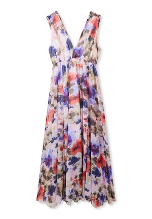 Abito maxi floreale con scollo a V profondo, design senza maniche e vita arricciata. Presenta una palette di colori pastello con tonalità di blu, rosa e marrone.