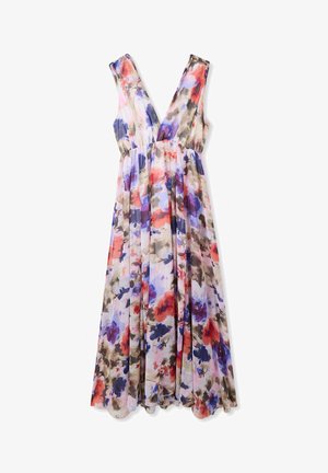 Abito maxi floreale con scollo a V profondo, design senza maniche e vita arricciata. Presenta una palette di colori pastello con tonalità di blu, rosa e marrone.