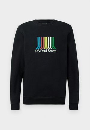 Sweatshirt noir à manches longues, col rond, avec le logo "PS Paul Smith" en rayures vives de bleu, rouge, jaune, vert et blanc.