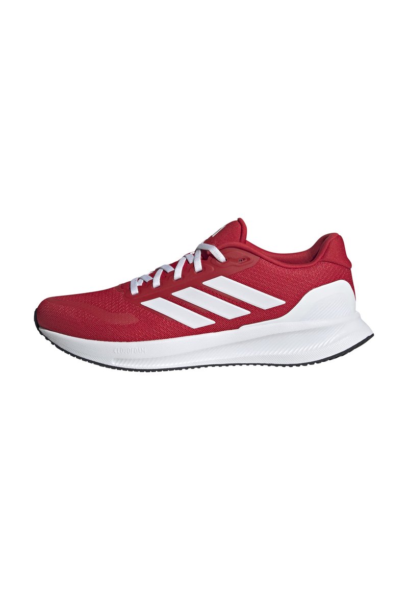 Red athletic shoe with a mesh upper, white accents, and three diagonal stripes. Features a cushioned midsole and textured black outsole.