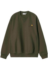 Sudadera verde oliva hecha de una mezcla de algodón, con un escote en V, puños acanalados, paneles laterales y un pequeño logo bordado en el pecho.