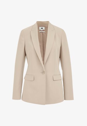 Beiger maßgeschneiderter Blazer mit einem Knopfverschluss, Reverskragen und zwei vorderen Taschen. Glattes Material mit strukturiertem Schnitt.